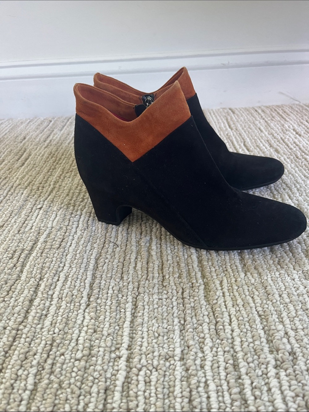 Pas de Rouge Black Suede Ankle Boots with Brown Trim